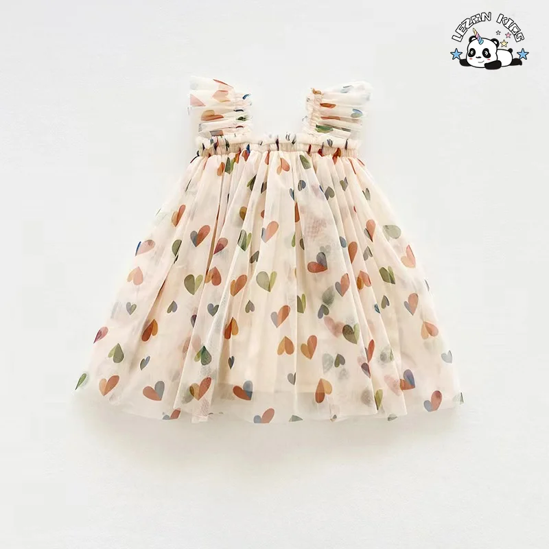LEZONKIDS - 2024 High Quality heart pattern printed spaghetti strap tutu dresses for girls kids